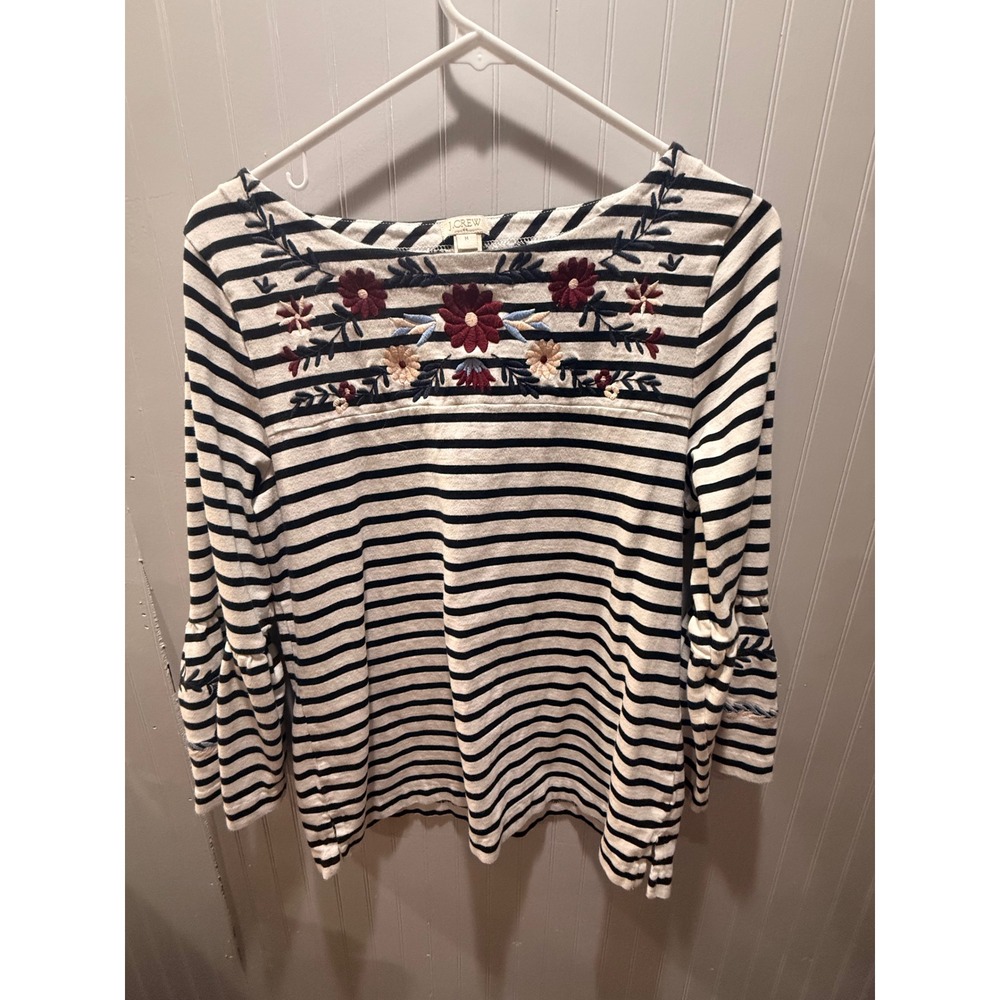 J.Crew‎ Womens Navy White Striped Floral Embroidered Bell Sleeve Top Size M